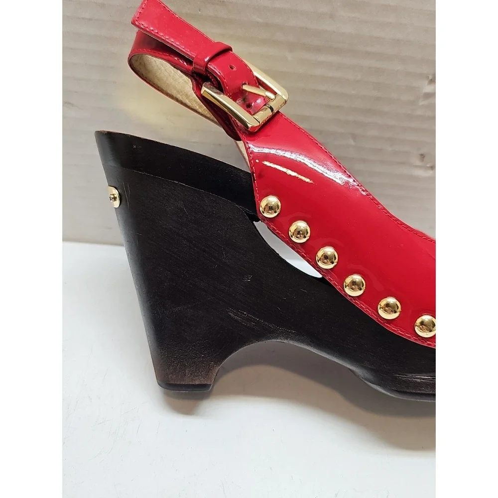 Michael Kors Red Patent Leather Platform Wedge Sandals Gold MK‎ Logo Studded 6M
